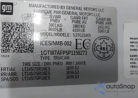 2023 GMC Savana 2500 Work Van z USA, uszkodzony, nr VIN 1GTW7AFP5P1158273